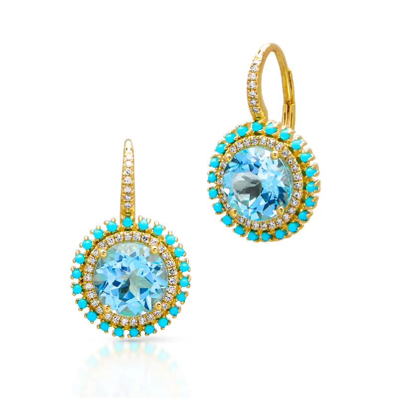 Hoop earrings with open designs for a modern, lighthearted vibe-14KT Yellow Gold Blue Topaz Turquoise Diamond Round Kai Earrings