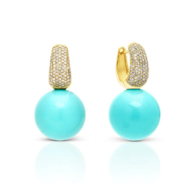 Hoop earrings with floral motifs for a feminine and nature-inspired look-14KT Yellow Gold Diamond Huggie and Turquoise Gumball Earrings