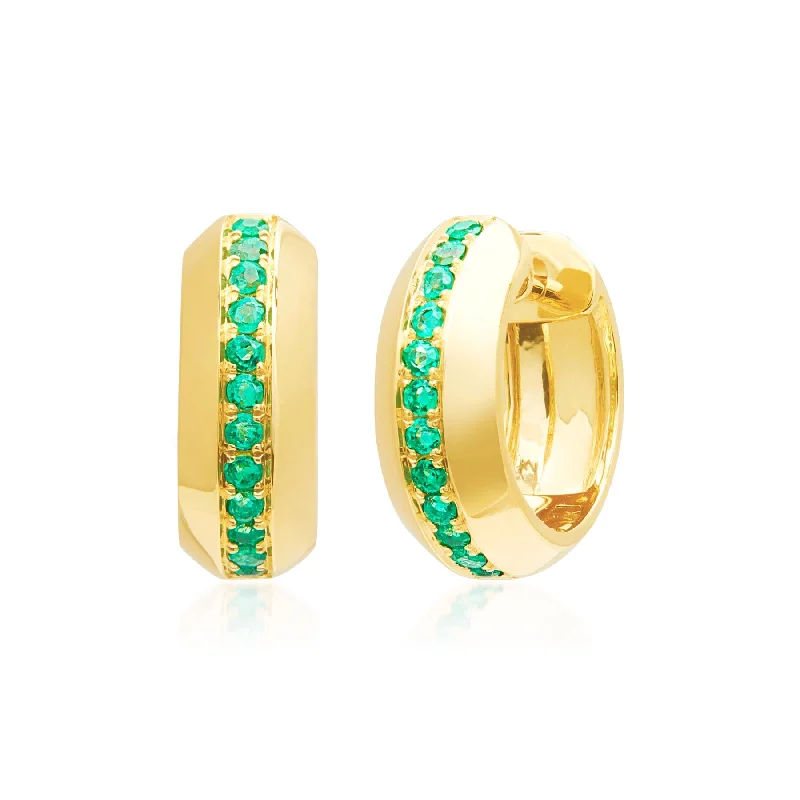 Hoop earrings with colorful beads for a fun and playful vibe-14KT Yellow Gold Emerald Huggie Earrings