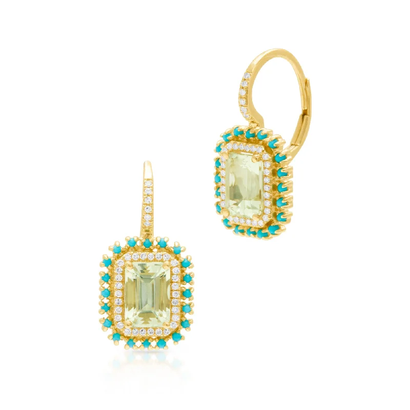 Best hoop earrings with floral designs for a feminine and delicate look-14KT Yellow Gold Green Amethyst Turquoise Diamond Luxe Monaco Leverback Earrings