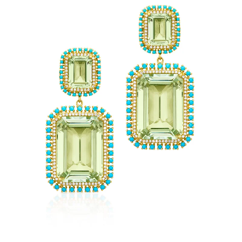 Hoop earrings with tortoiseshell designs for a chic and classic style-18KT Yellow Gold Green Amethyst Turquoise Diamond Luxe Olympia Earrings