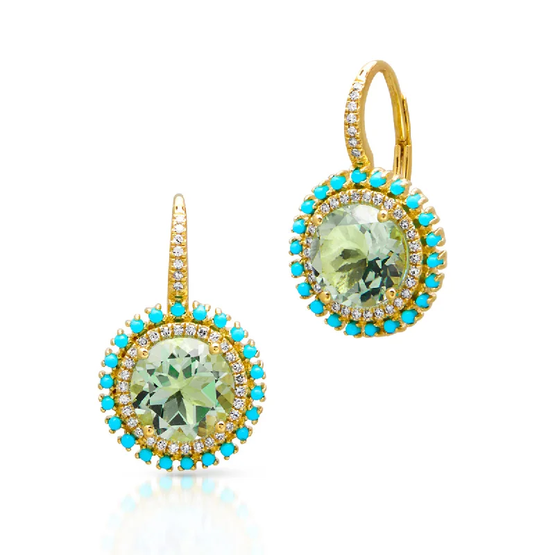 Hoop earrings with abstract shapes for an artistic and creative touch-14KT Yellow Gold Green Amethyst Turquoise Diamond Round Kai Earrings