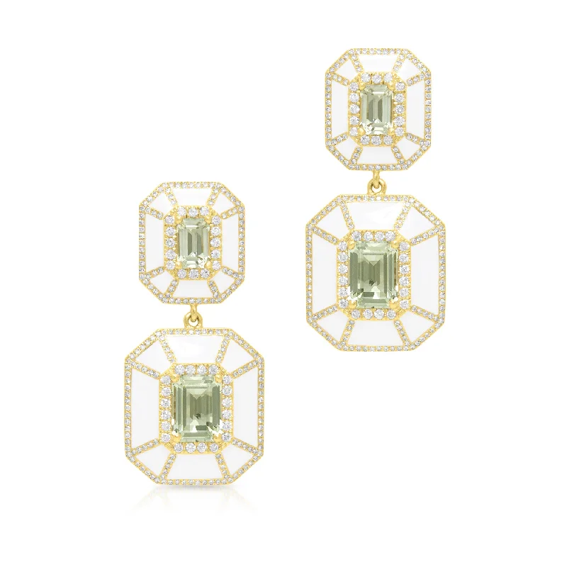 Best hoop earrings with twisted rope designs for a nautical-inspired style-14KT Yellow Gold Green Amethyst White Enamel Diamond Deco Earrings