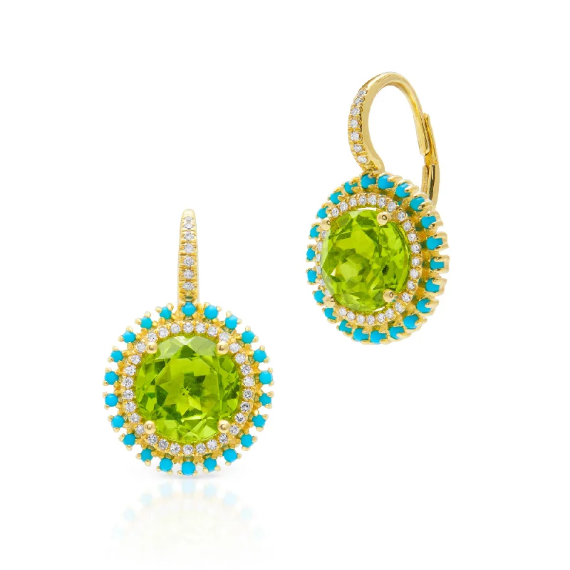 Hoop earrings with dangling charms for a playful and fun look-14KT Yellow Gold Peridot Turquoise Diamond Round Kai Earrings