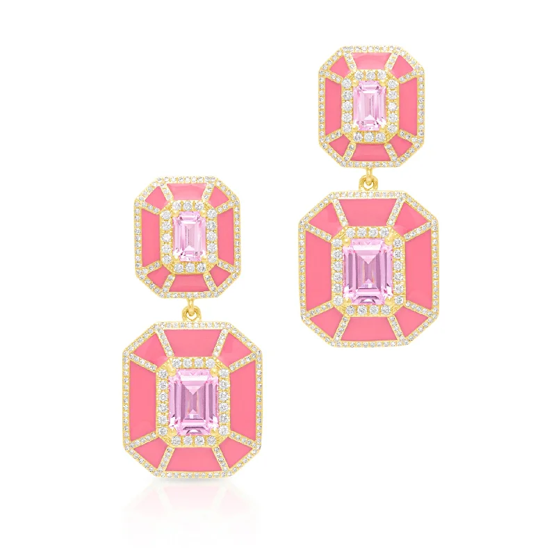 Hoop earrings with enamel stripes for a colorful and eye-catching design-14KT Yellow Gold Pink Topaz Pink Enamel Diamond Deco Earrings