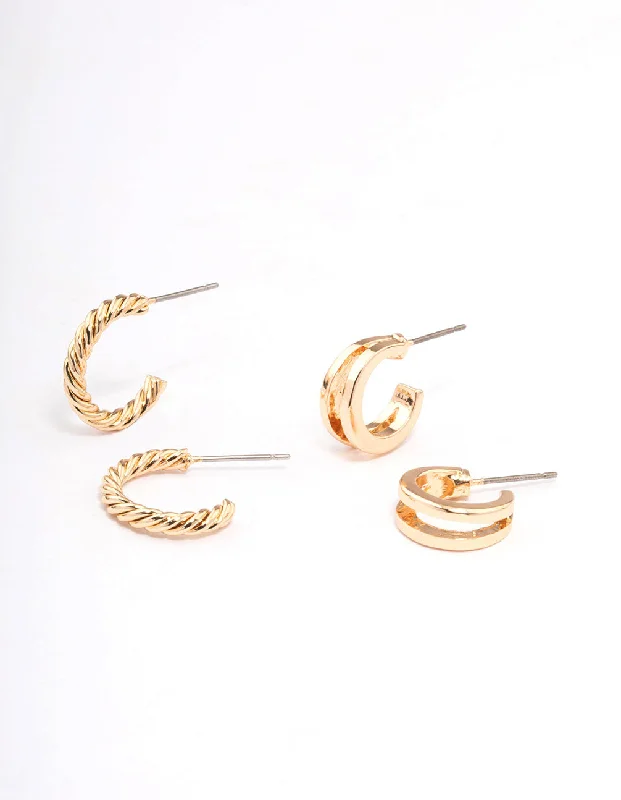 Hoop earrings with crescent moon shapes for a celestial and mystical appearance-Gold Double Hoop & Spiral Earring Pack