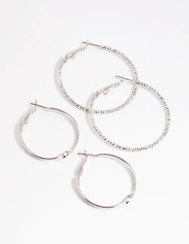 Hoop earrings with leather accents for a sleek and bold combination-Rhodium Wide Hoop Earring Set