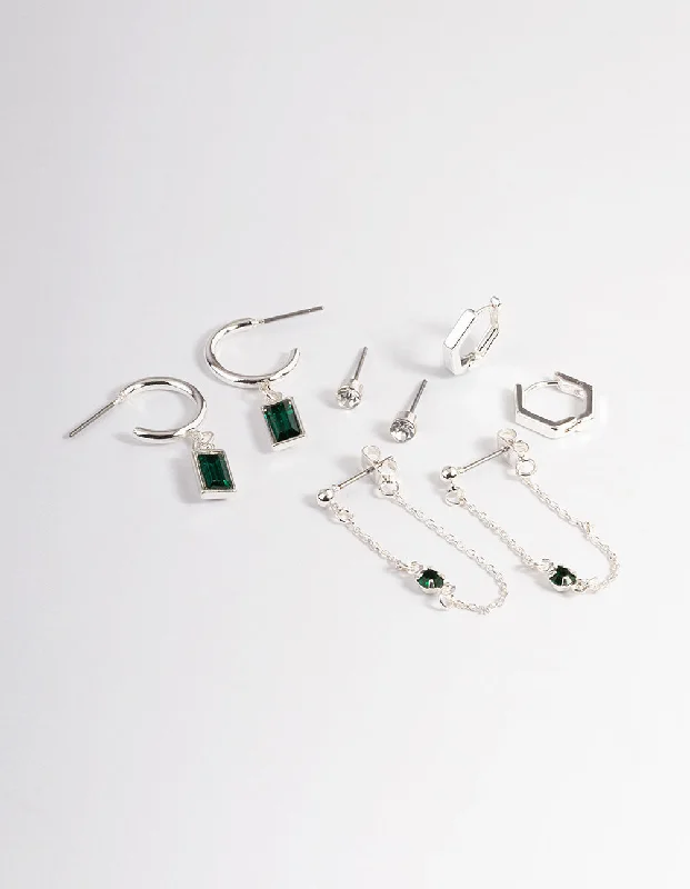 Hoop earrings with pearl accents for a chic and classic style-Green Diamante Baguette Earrings 4-Pack