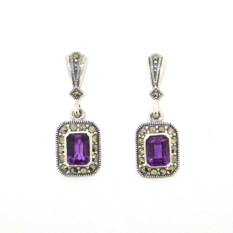 Best hoop earrings with vintage rhinestone embellishments for a retro-glam effect-Art Deco Amethyst Earrings Silver Marcasite Square Purple Crystal