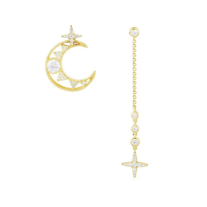 Hoop earrings with a chunky design for a bold and trendy statement-Asymmetric Moon Ear Jacket and Dropping Chain - Yellow Silver