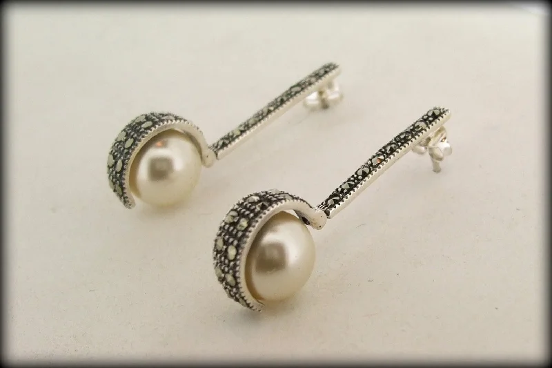 Large hoop earrings for a bold and statement-making fashion accessory-Art Deco style pearl ball  Silver Marcasite Earrings