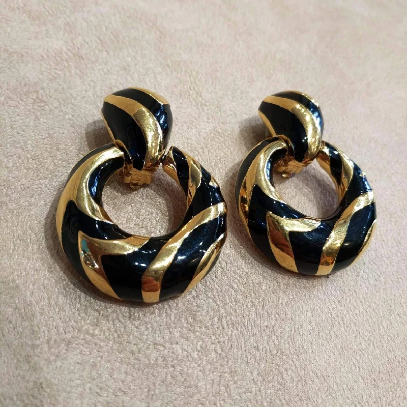 Hoop earrings with rhinestone-studded rims for a glamorous touch-Black Gold Enamel Ciner Earrings