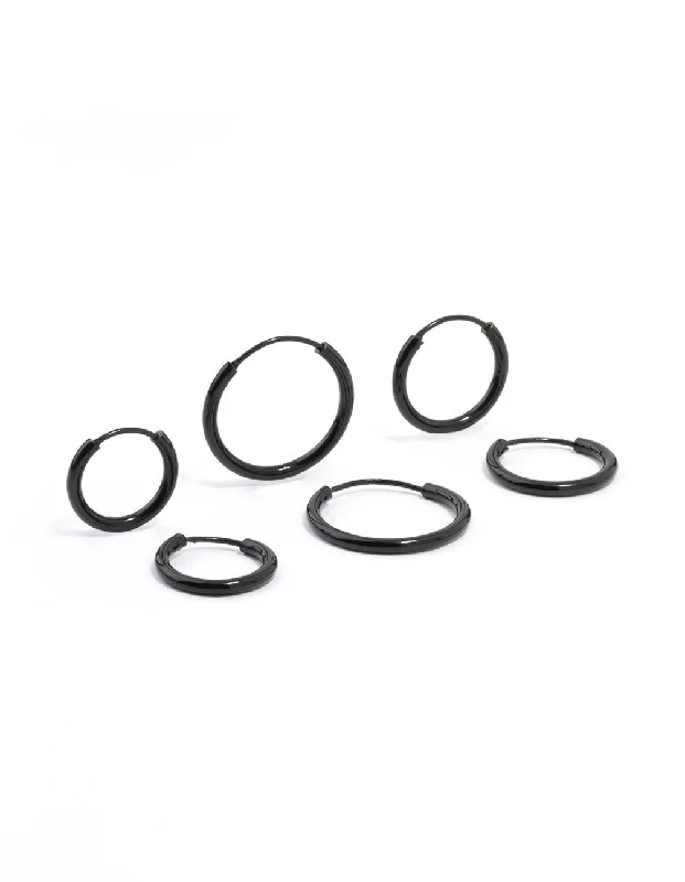 Classic hoop earrings with a thin profile for a sleek and subtle style-Black Mixed Fine Hoop Earrings 4-Pack