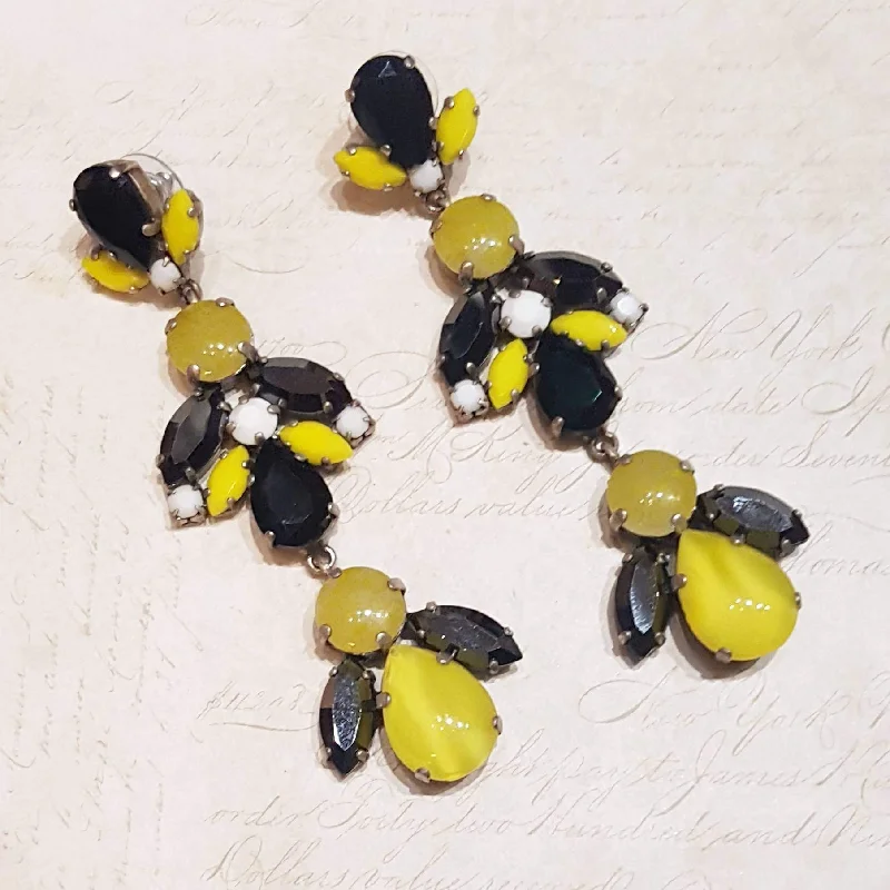 Best hoop earrings with turquoise stones for a bohemian-inspired vibe-Black Yellow White Glass and Crystal Chandelier Pierced Earrings by Frangos