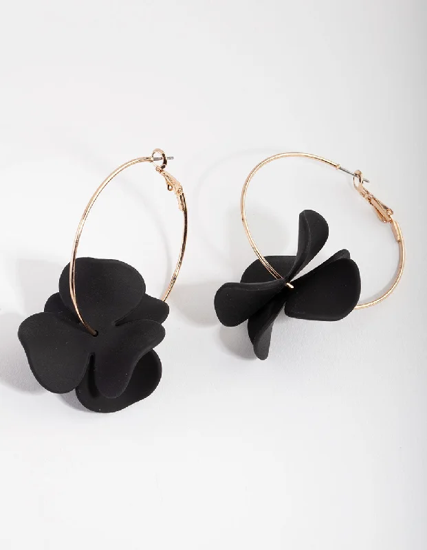 Hoop earrings with open designs for a modern, lighthearted vibe-Gold Black Pearlised Flower Hoop Earrings