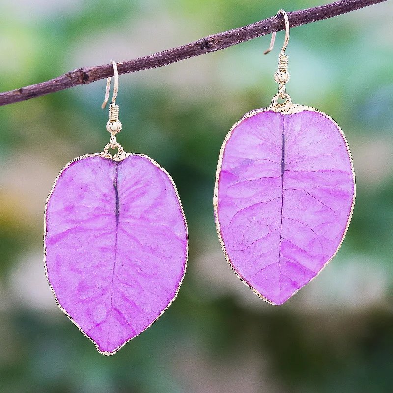 Hoop earrings with tortoiseshell designs for a chic and classic style-Bougainvillea Love in Purple Gold Accented Natural Flower Dangle Earrings in Purple