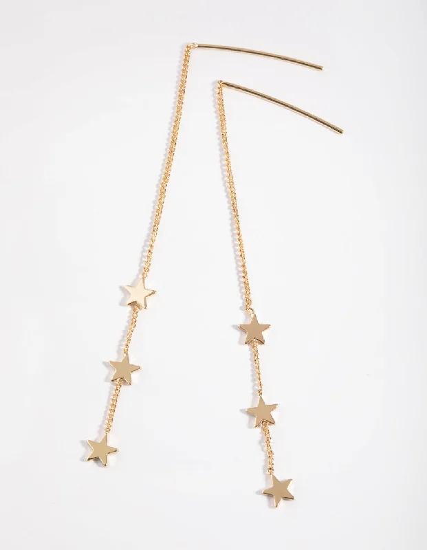 Hoop earrings with cut-out designs for a creative and lightweight effect-Gold Plated Three Stars Thread Through Earrings