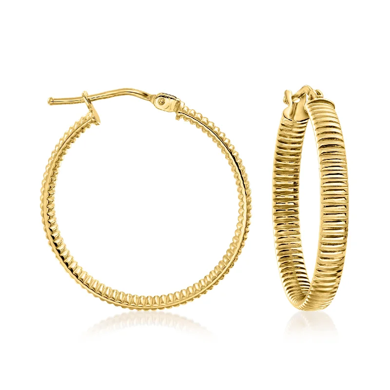 Drop Earrings with Debossed Designs -Canaria Italian 10kt Yellow Gold Ribbed Hoop Earrings