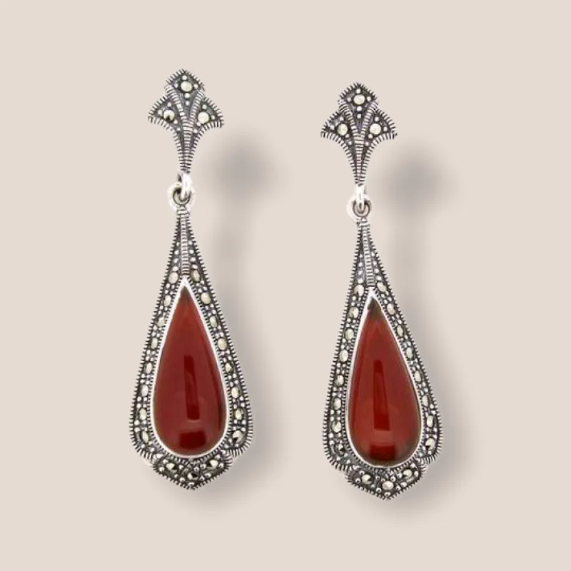 Best hoop earrings with vintage rhinestone embellishments for a retro-glam effect-Carnelian Earrings Red Agate Silver Marcasite