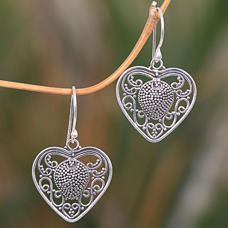 Hoop earrings with circle designs for a classic and timeless shape-Center of My Heart Artisan Crafted Balinese Sterling Silver Heart Earrings