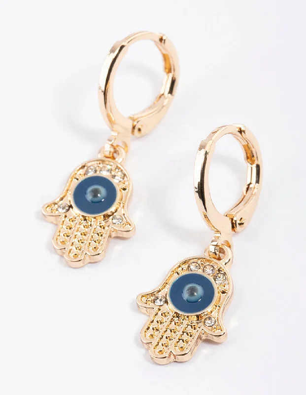 Best hoop earrings with blackened metal for an edgy and bold appearance-Gold Evil Eye Hand Huggie Earrings