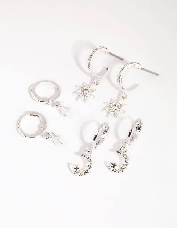 Best hoop earrings with snake chain details for a sleek and modern touch-Silver Celestial Huggie Earring Pack