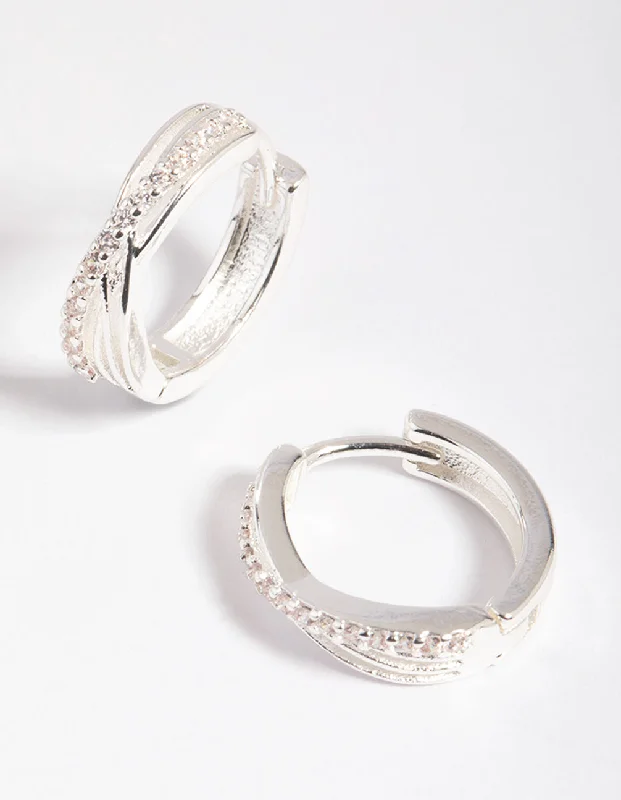 Hoop earrings with faceted crystals for added sparkle and shine-Silver Cubic Zirconia Twisted Huggie Hoop Earrings