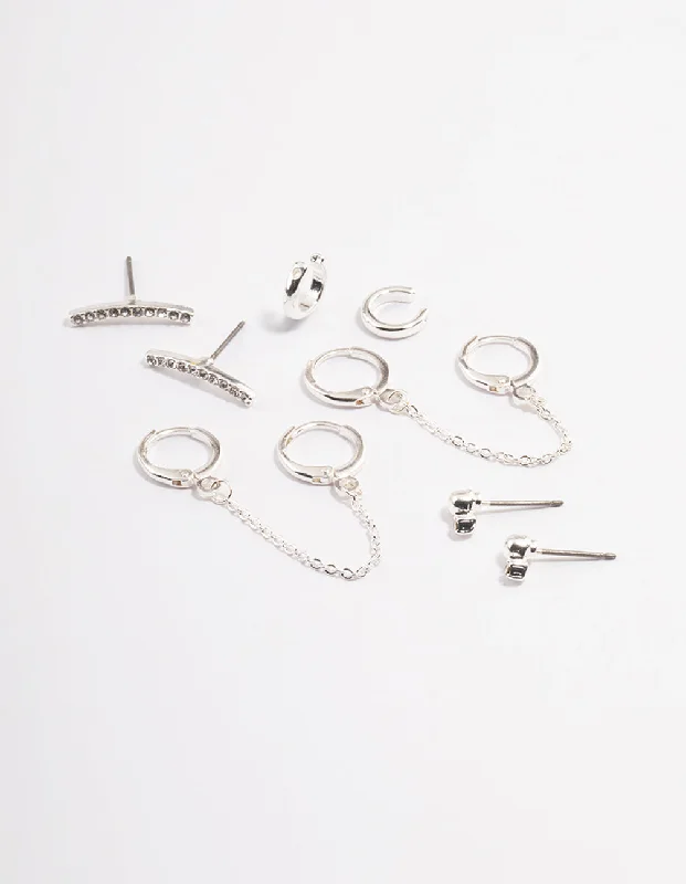 Hoop earrings with dangling charms for a playful and fun look-Silver Diamante Huggie Chain Earrings 5-Pack