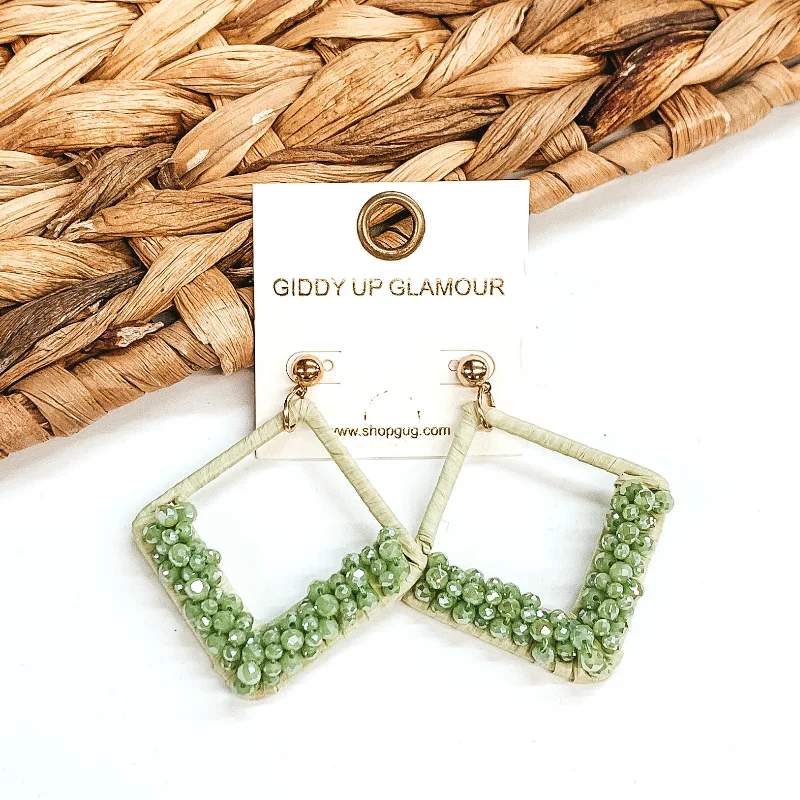 Nickel Free Drop Earrings for Safety -Champagne Secrets Beaded and Raffia Wrapped Diamond Earrings in Olive