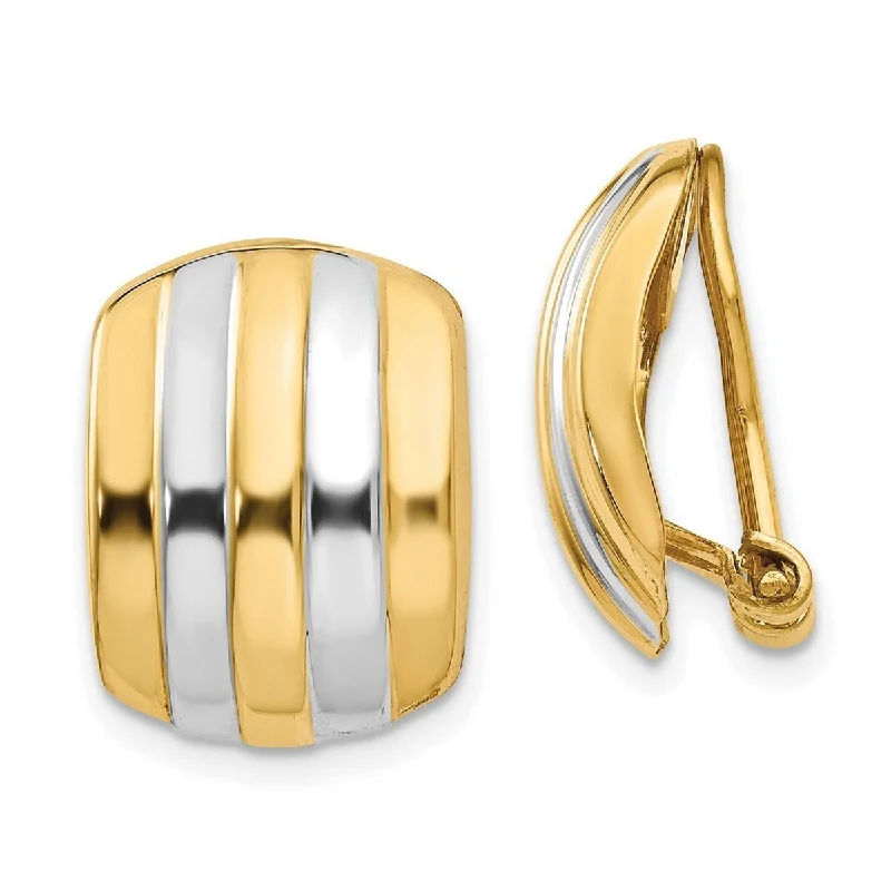 African Drop Earrings with Culture -Curata 14k Two Tone Gold Ribbed Non Pierced Omega Back Earrings - 17x12mm