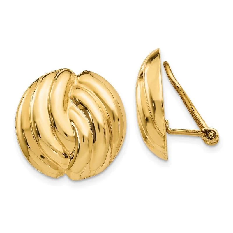 Drop Earrings with Textured Surface -Curata 14k Yellow Gold Hinged Flat back 19mm Polished Ribbed Button Non pierced Clip Earrings