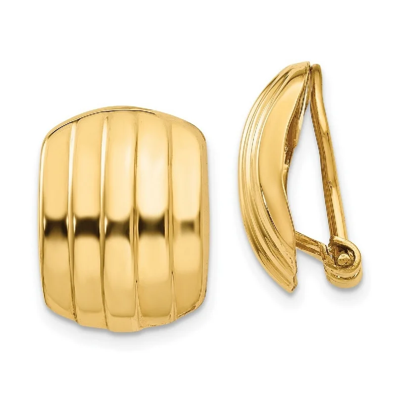 Drop Earrings for School Uniform -Curata 14k Yellow Gold Open back Polished Ribbed Non Pierced Omega Back Earrings - 17x12mm Wide