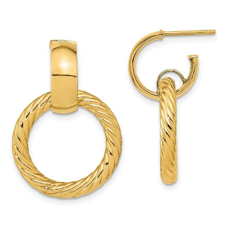 Drop Earrings for Fitness Activities -Curata 14k Yellow Gold Polished and Ribbed Fancy Dangle Post Hoop Earrings 29.32x20.5mm