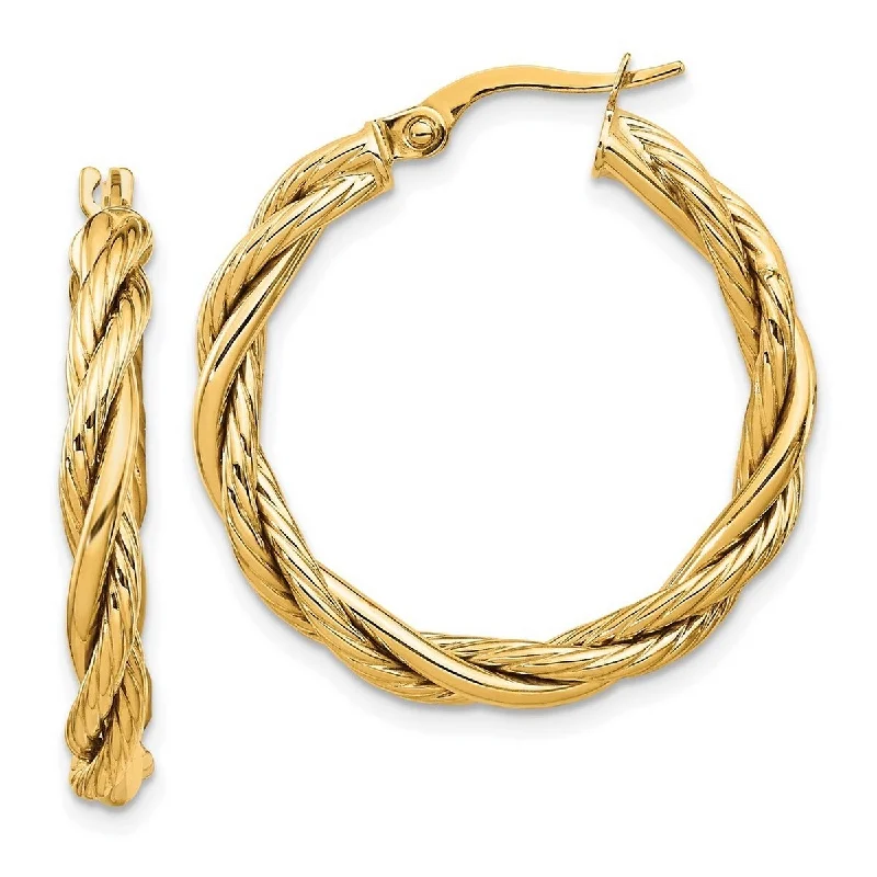 Drop Earrings with Polished Shine -Curata 14k Yellow Gold Polished Ribbed Twisted Hoop Earrings 28x3.25mm