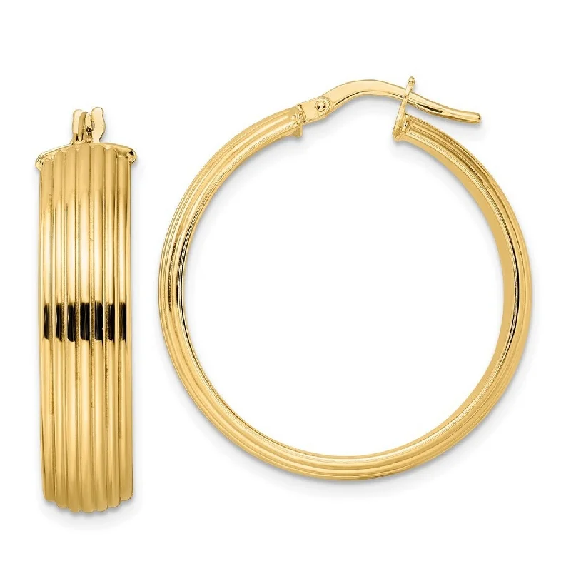 Drop Earrings with Etched Designs -Curata 14k Yellow Gold Polished Ribbed Wide 31x7mm Hoop Earrings