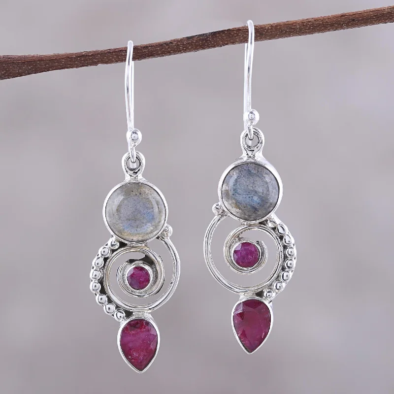 Hoop earrings with circle designs for a classic and timeless shape-Elegant Labyrinth Labradorite and Agate Dangle Earrings from India