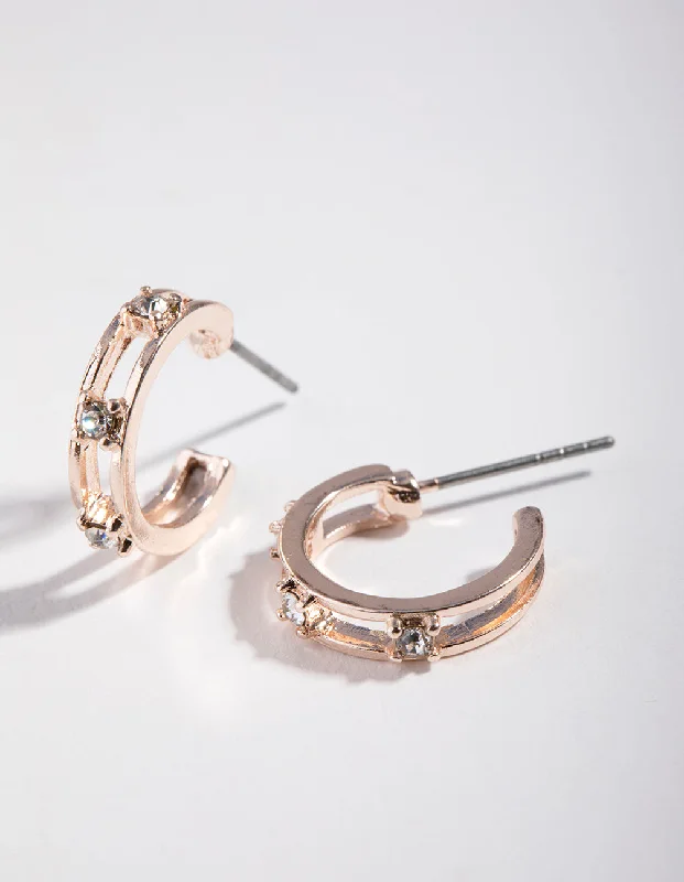 Hoop earrings with a matte finish for a sleek and sophisticated appearance-Rose Gold Diamante Ladder Huggie Earrings