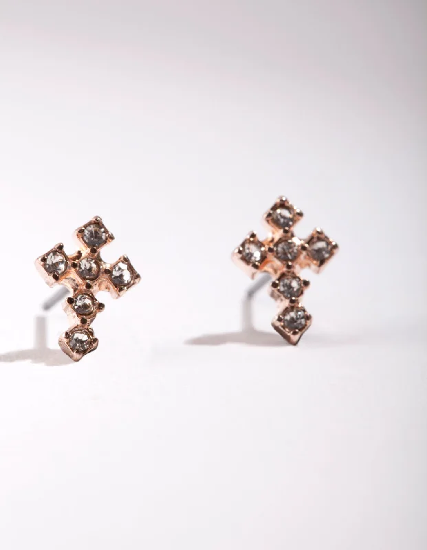 Best hoop earrings with gold for a luxurious and timeless look-Rose Gold Mini Diamante Cross Earrings