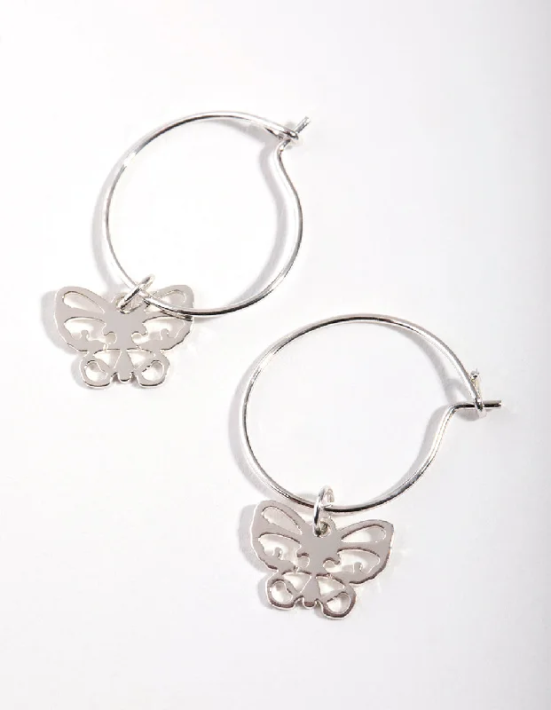 Hoop earrings with textured finishes for a vintage and classic style-Silver Cutout Butterfly Huggie Earrings