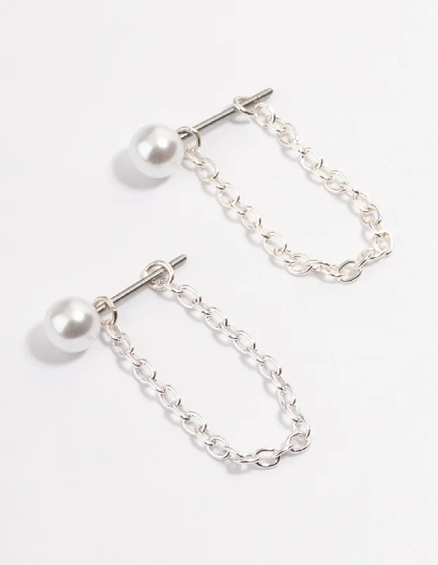 Best hoop earrings with asymmetrical designs for a fashion-forward, avant-garde look-Silver Pearl Chain Front & Back Earrings