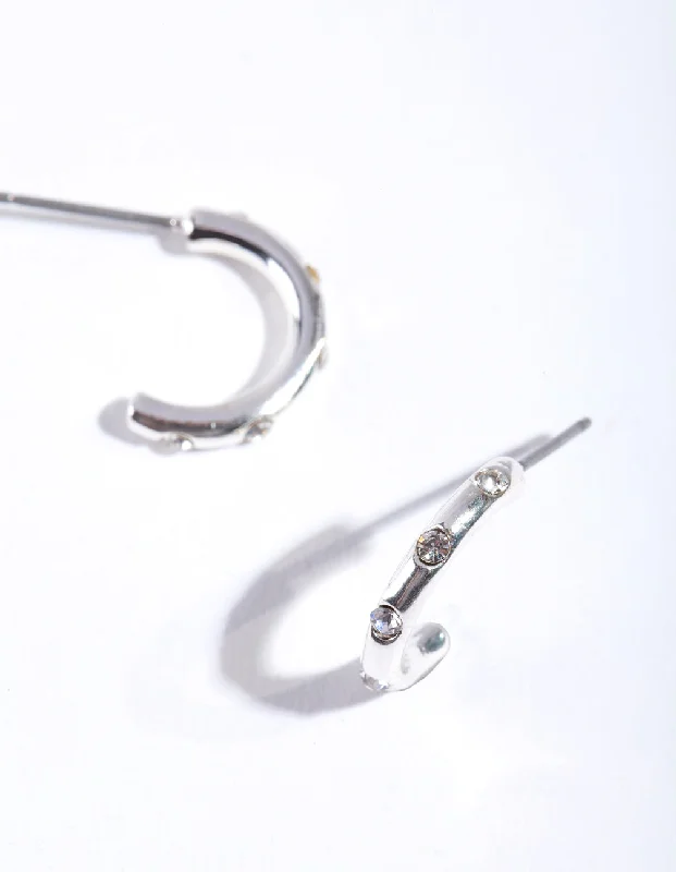 Lightweight hoop earrings for comfortable and all-day wear-Silver Simple Diamante Half Hoop Earrings