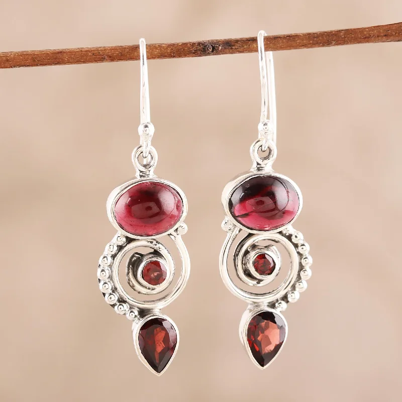 Hoop earrings with oversized designs for a bold, fashion-forward statement-Fiery Labyrinth Garnet and Sterling Silver Spiral Dangle Earrings