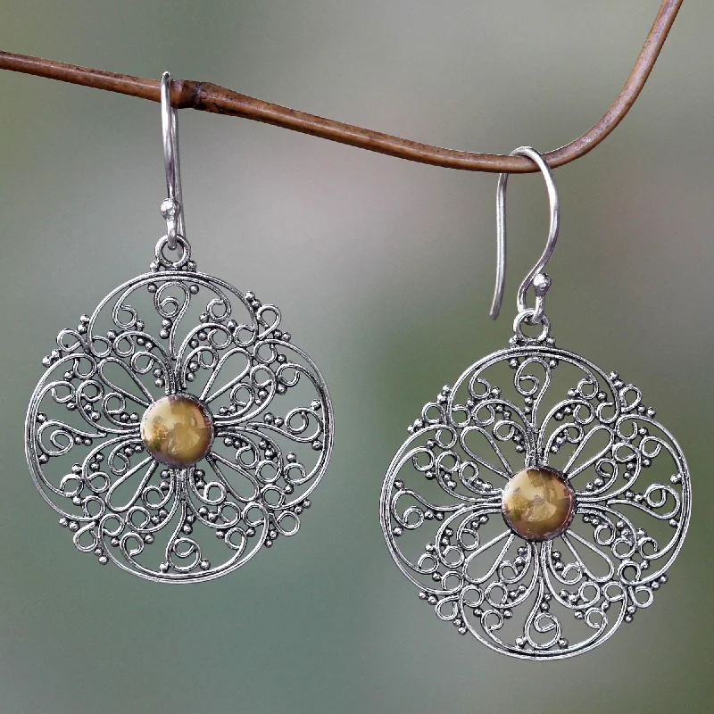 Hoop earrings with tortoiseshell designs for a chic and classic style-Filigree Sun Gold Accent Flower Earrings from Bali