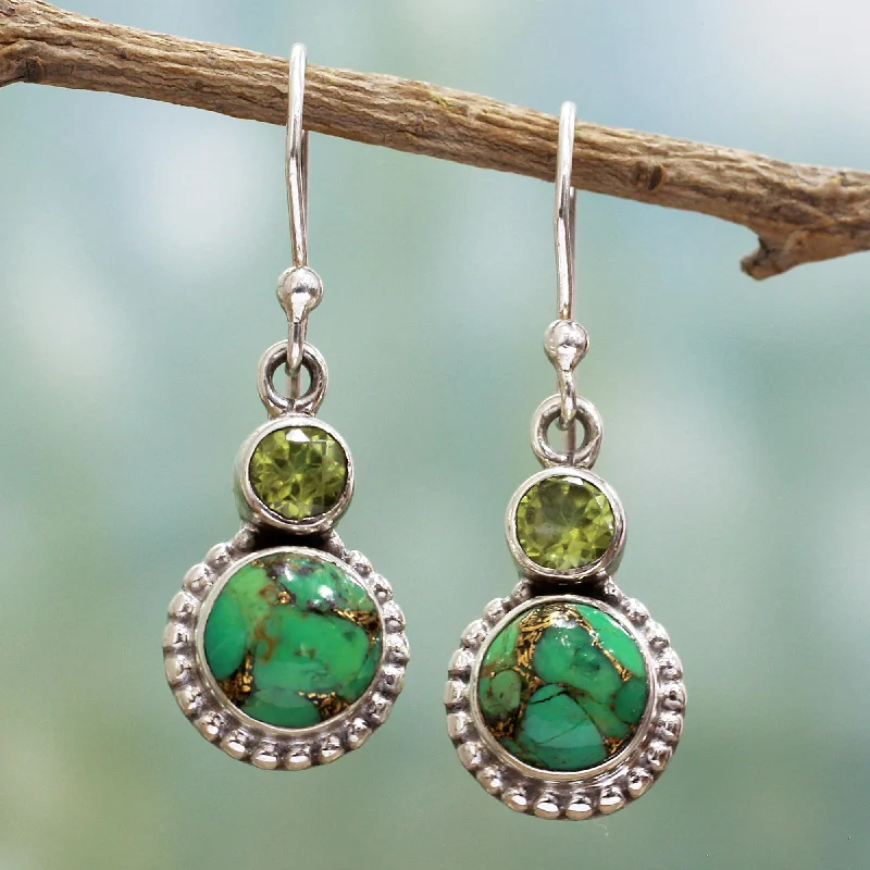 Best hoop earrings with geometric cuts for a sharp, modern appeal-Forest Floor Peridot, Composite Turquoise, and Sterling Silver Earring