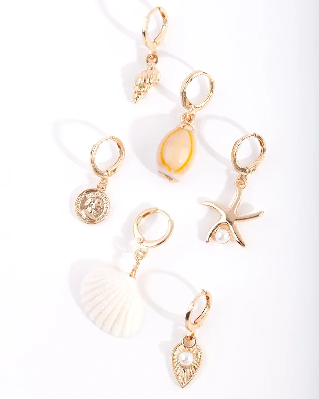 Hoop earrings with spiral designs for a dynamic and fluid look-Gold Starfish Huggie Earring Pack