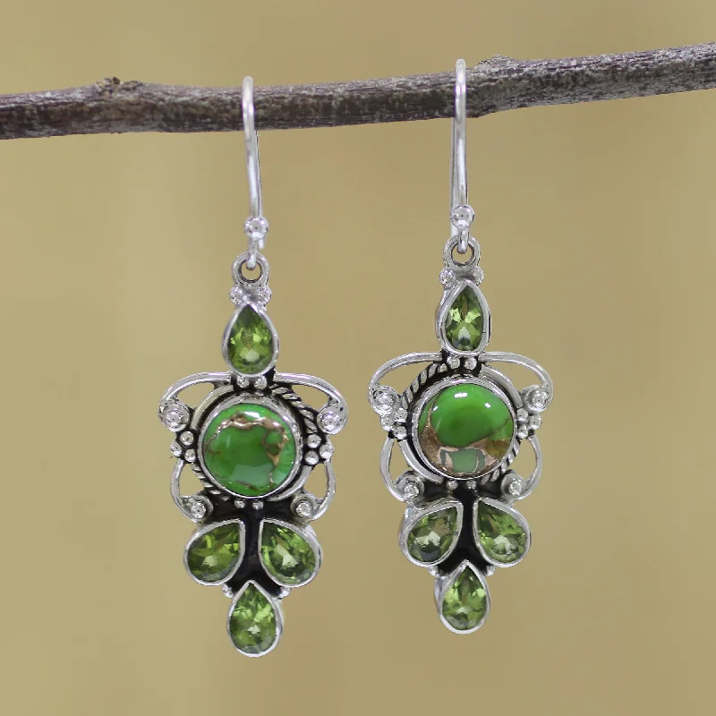 Hoop earrings with textured finishes for a vintage and classic style-Glittering Green Peridot and Green Composite Turquoise 925 Silver Earrings