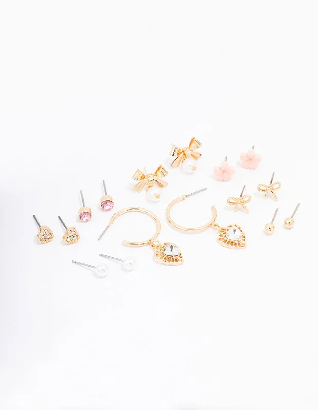 Lightweight hoop earrings for comfortable and all-day wear-Gold Bow Flower & Pearl Earring 8-Pack