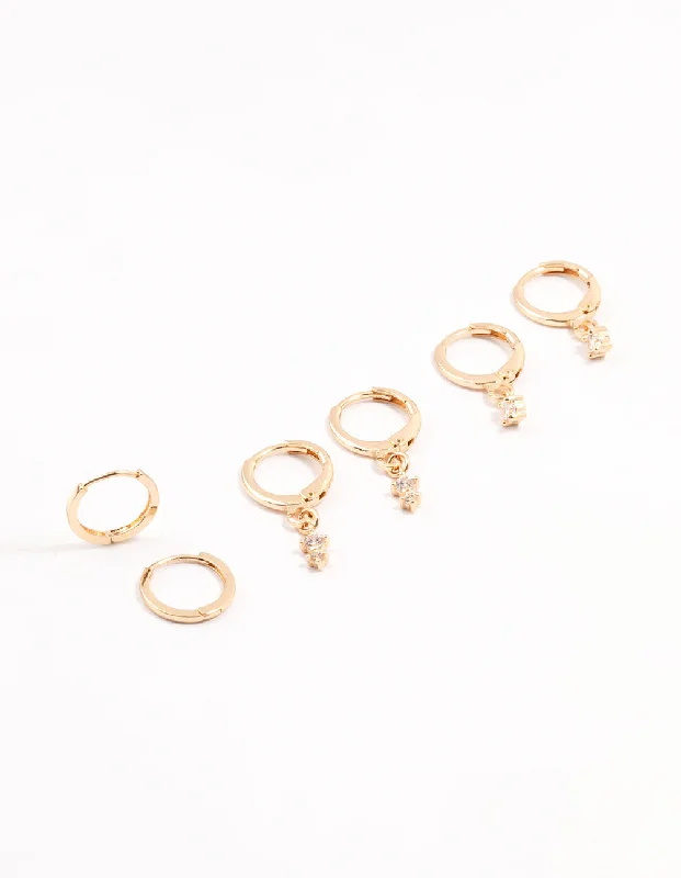 Hoop earrings with faceted crystals for added sparkle and shine-Gold Dainty & Round Cubic Zirconia Hoop Earrings 3-Pack