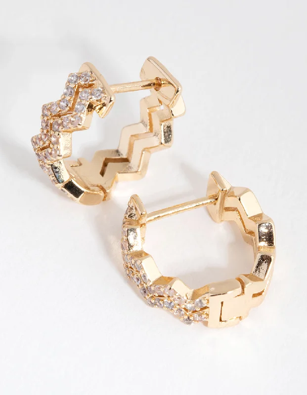 Hoop earrings with luxe velvet finishes for a rich and luxurious touch-Gold Diamante Zig Zag Huggie Earrings