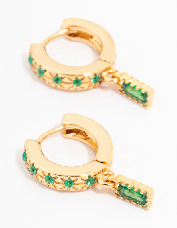 Hoop earrings with leather accents for a sleek and bold combination-Gold Plated Emerald Baguette Celestial Huggie Earrings